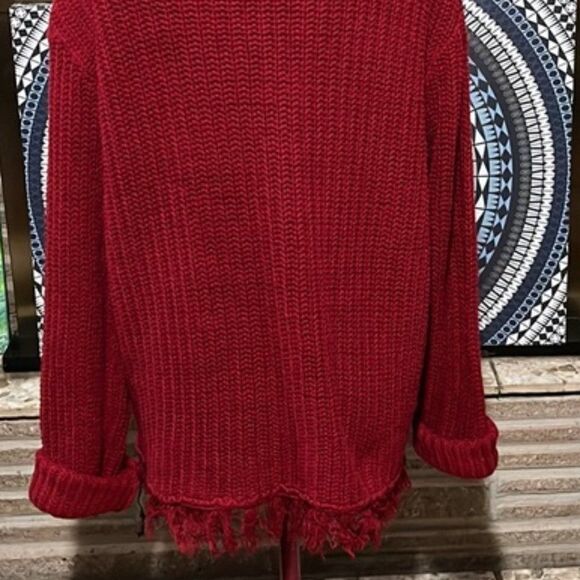 Chelsea Studio Red Chunky Knit Oversized Pullover Sweater Fringe Medium - Picture 8 of 9